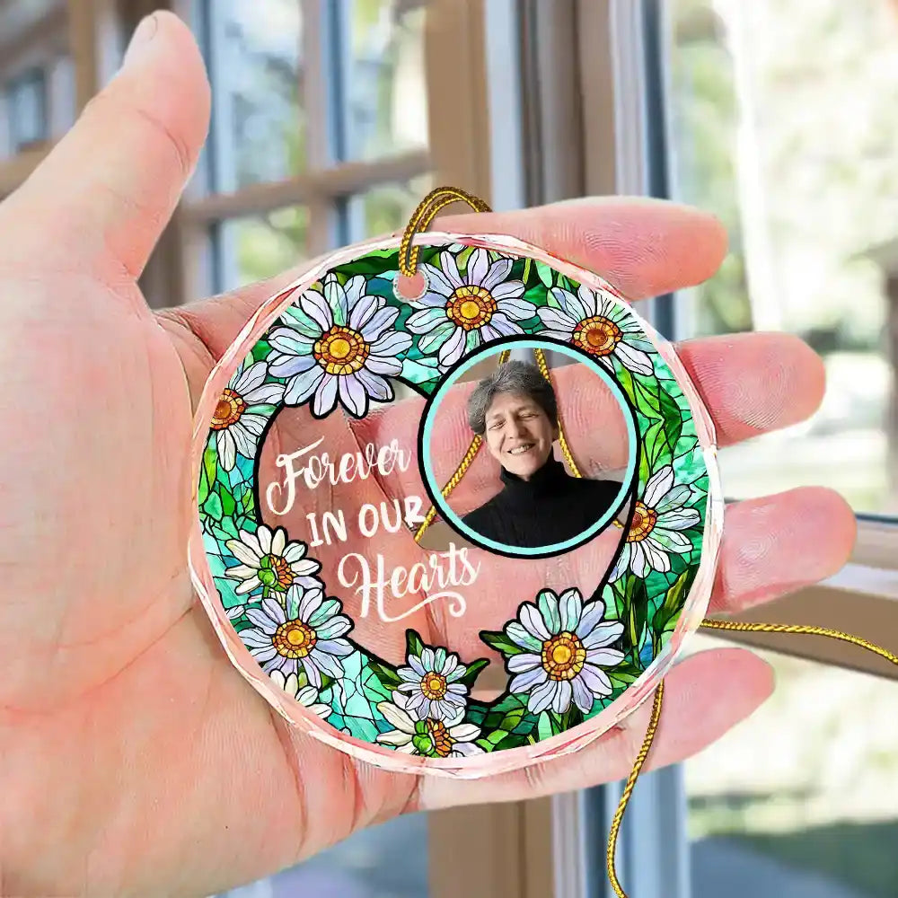 Custom Photo Christmas Forever In Our Hearts - Personalized Circle Glass Ornament ORNA1210