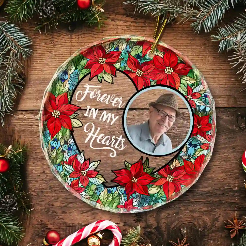 Custom Photo Christmas Forever In Our Hearts - Personalized Circle Glass Ornament ORNA1210