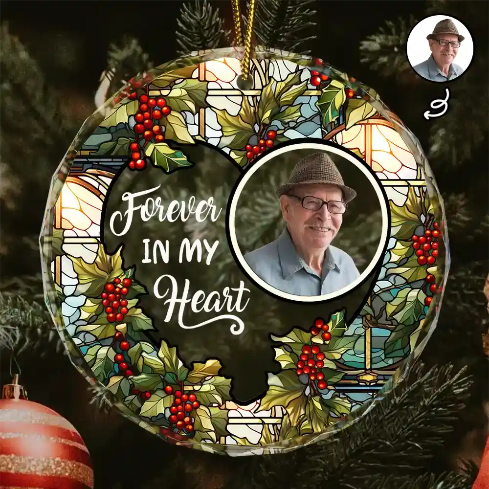 Custom Photo Christmas Forever In Our Hearts - Personalized Circle Glass Ornament ORNA1210