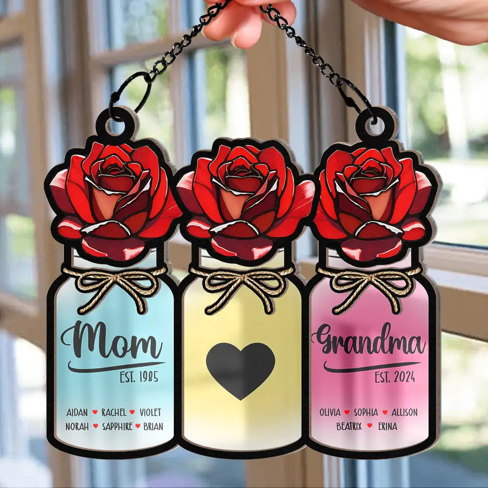 Flower Mason Jar Mom Grandma Great Grandma - Personalized Window Hanging Suncatcher Ornament ORNA1210