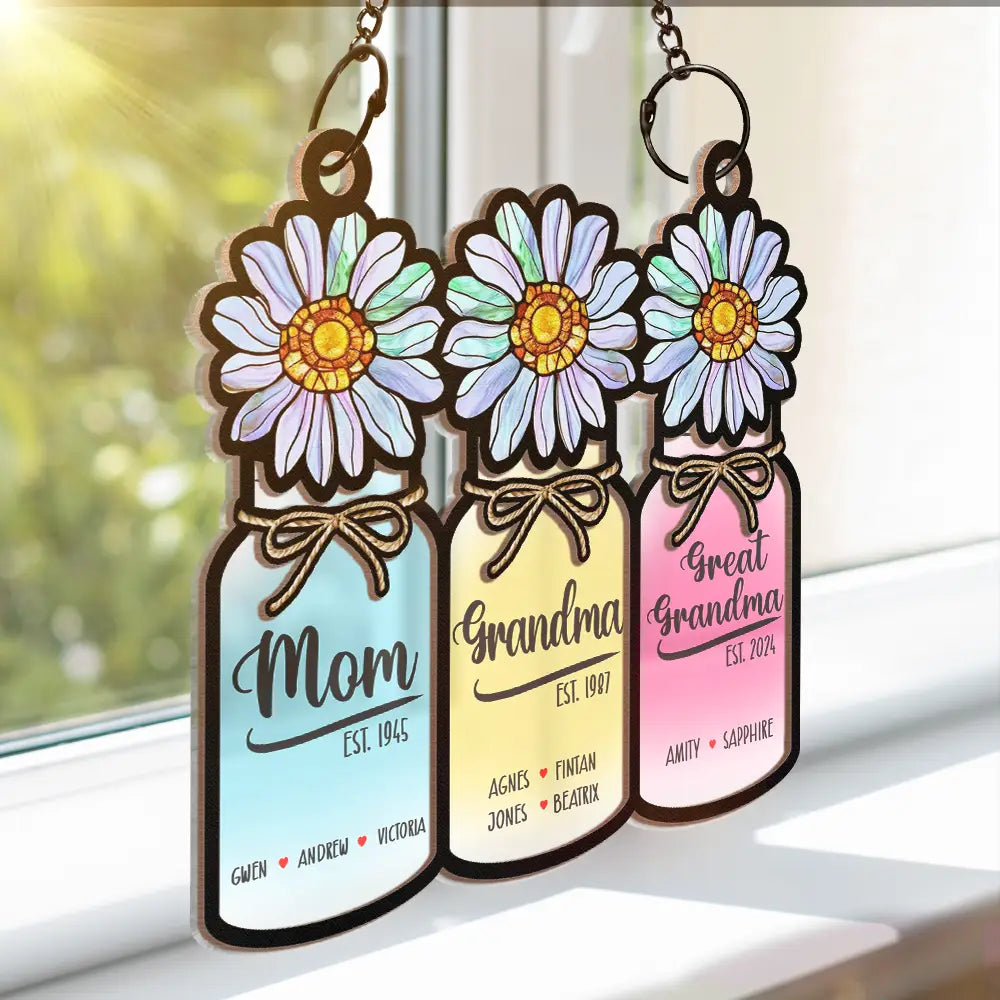 Flower Mason Jar Mom Grandma Great Grandma - Personalized Window Hanging Suncatcher Ornament ORNA1210