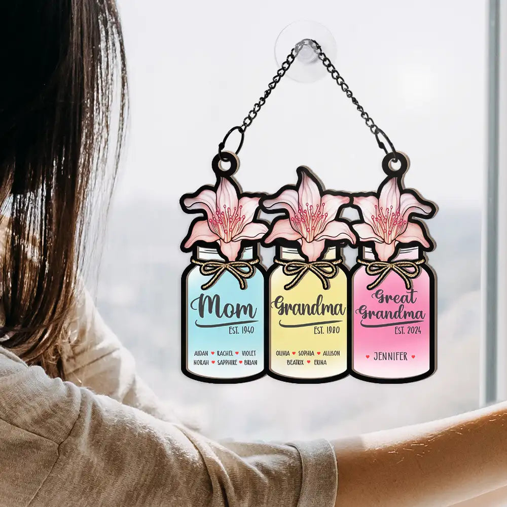 Flower Mason Jar Mom Grandma Great Grandma - Personalized Window Hanging Suncatcher Ornament ORNA1210
