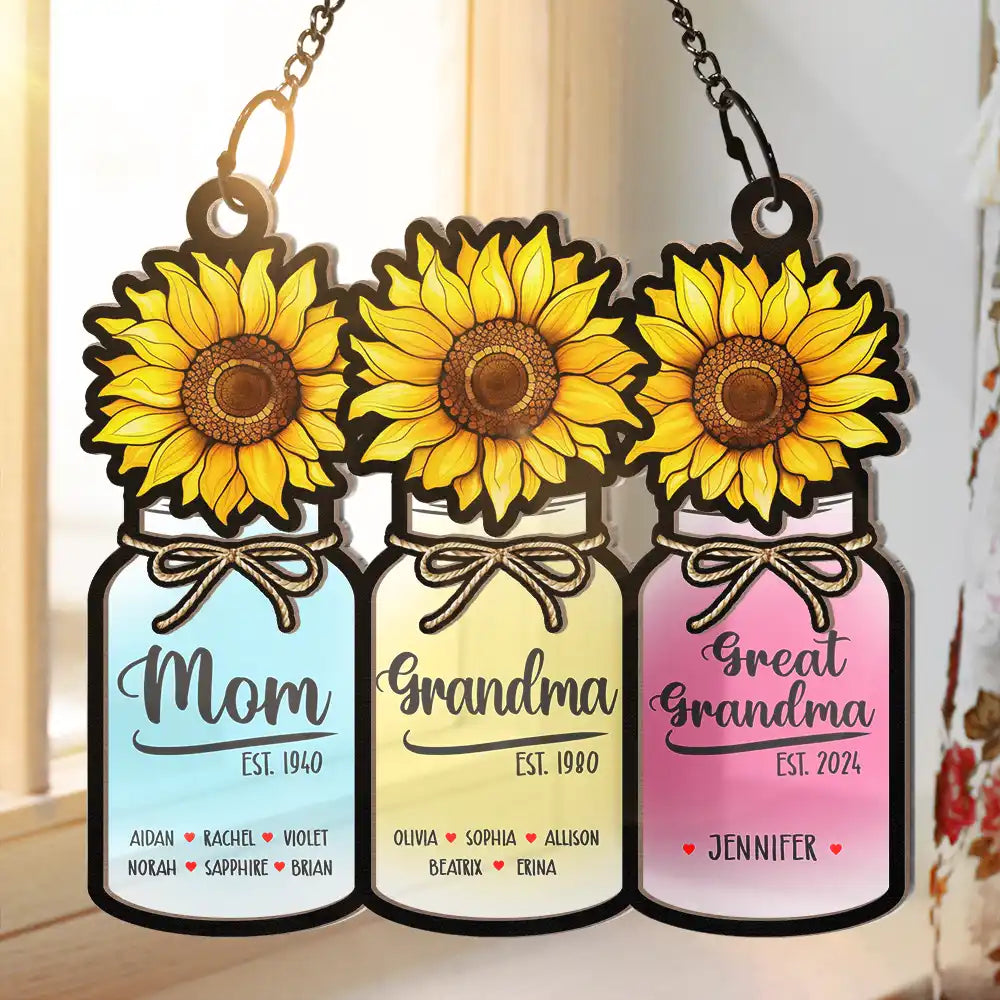 Flower Mason Jar Mom Grandma Great Grandma - Personalized Window Hanging Suncatcher Ornament ORNA1210