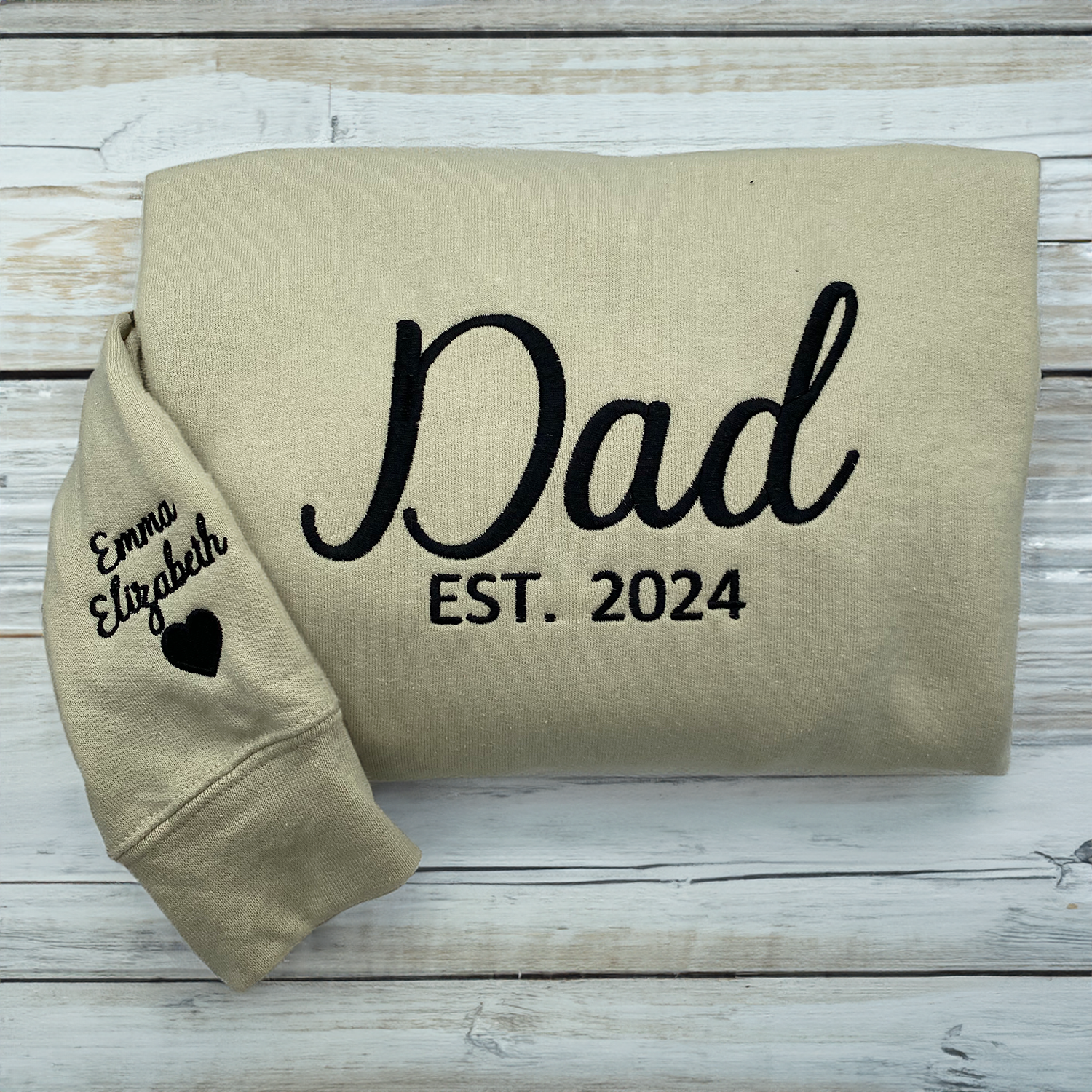 Best Sweatshirt for Dad, Personalized Hoodie with Kid Name on Sleeve, Dad Est Embroidered Crewneck em3