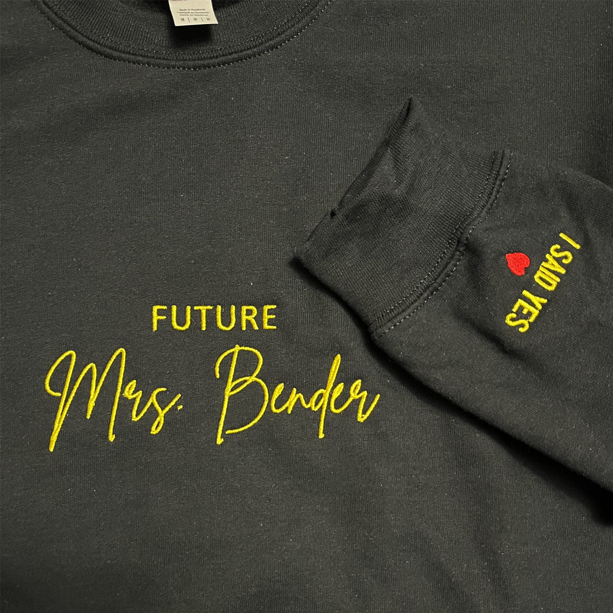 Personalized Future Mrs Sweatshirt Embroidered with Anniversary Date Text Name Initial Heart on Sleeve em4