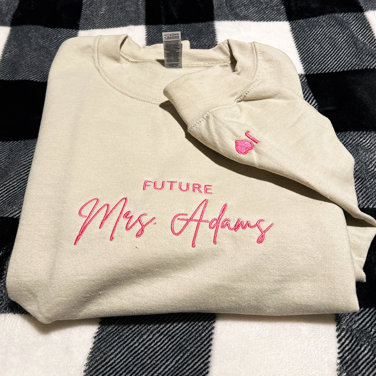 Personalized Future Mrs Sweatshirt Embroidered with Anniversary Date Text Name Initial Heart on Sleeve em4