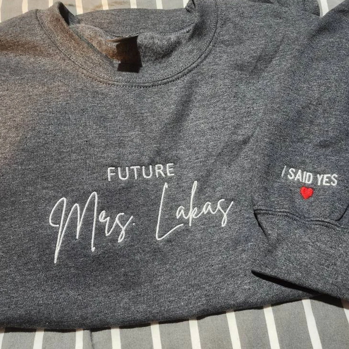 Personalized Future Mrs Sweatshirt Embroidered with Anniversary Date Text Name Initial Heart on Sleeve em4