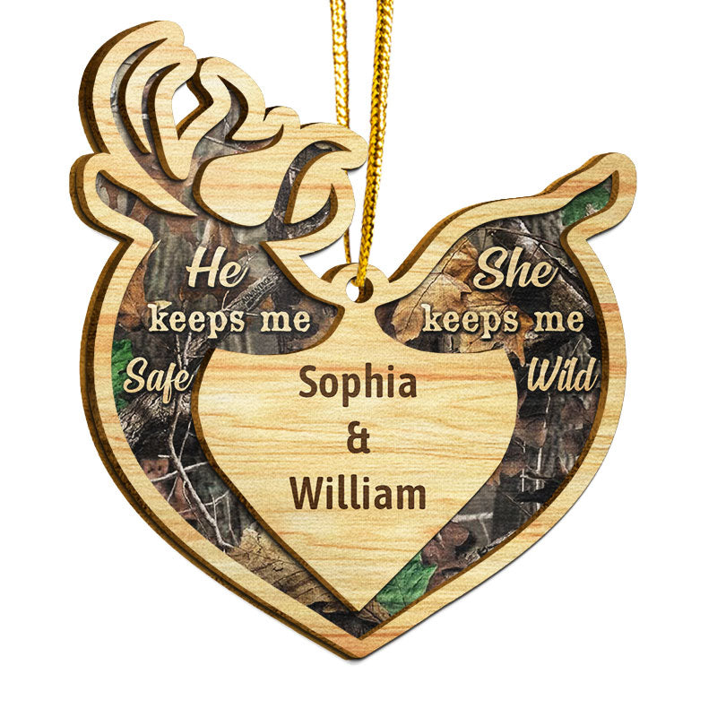 Deer Couple He Keeps Me Safe - Christmas Gift For Couple - Personalized Custom 2 Layered Wooden Ornament ORNA1210