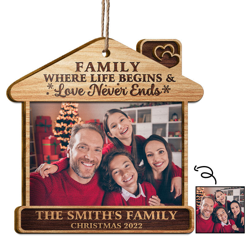 Custom Photo Family Where Life Begins And Love Never Ends - Christmas Gift For Family - Personalized Custom 2 Layered Wooden Ornament ORNA1210