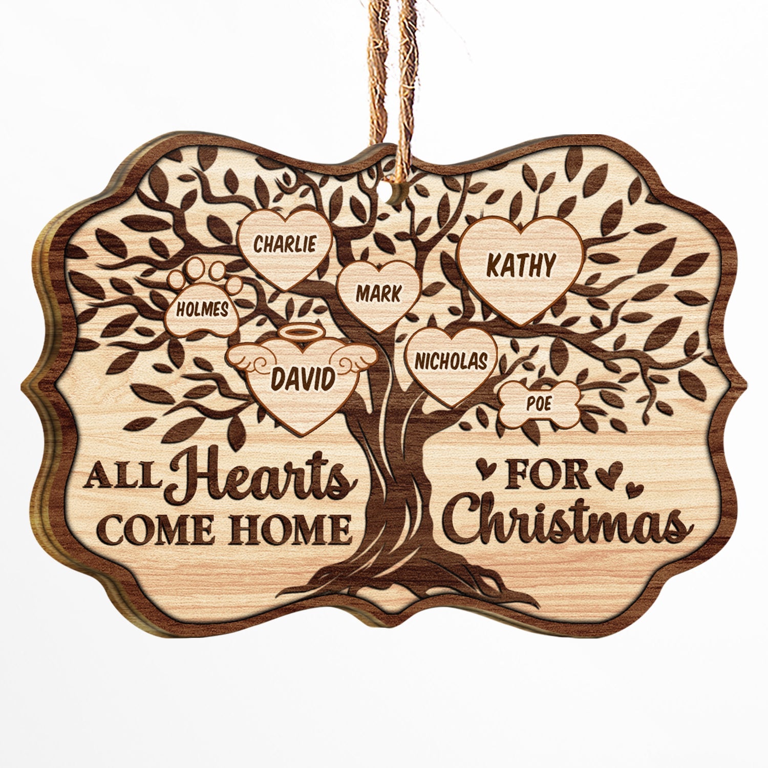 Christmas Family Tree All Hearts Come Home For Christmas - Memorial Gift For Family - Personalized Custom Wooden Ornament ORNA1210