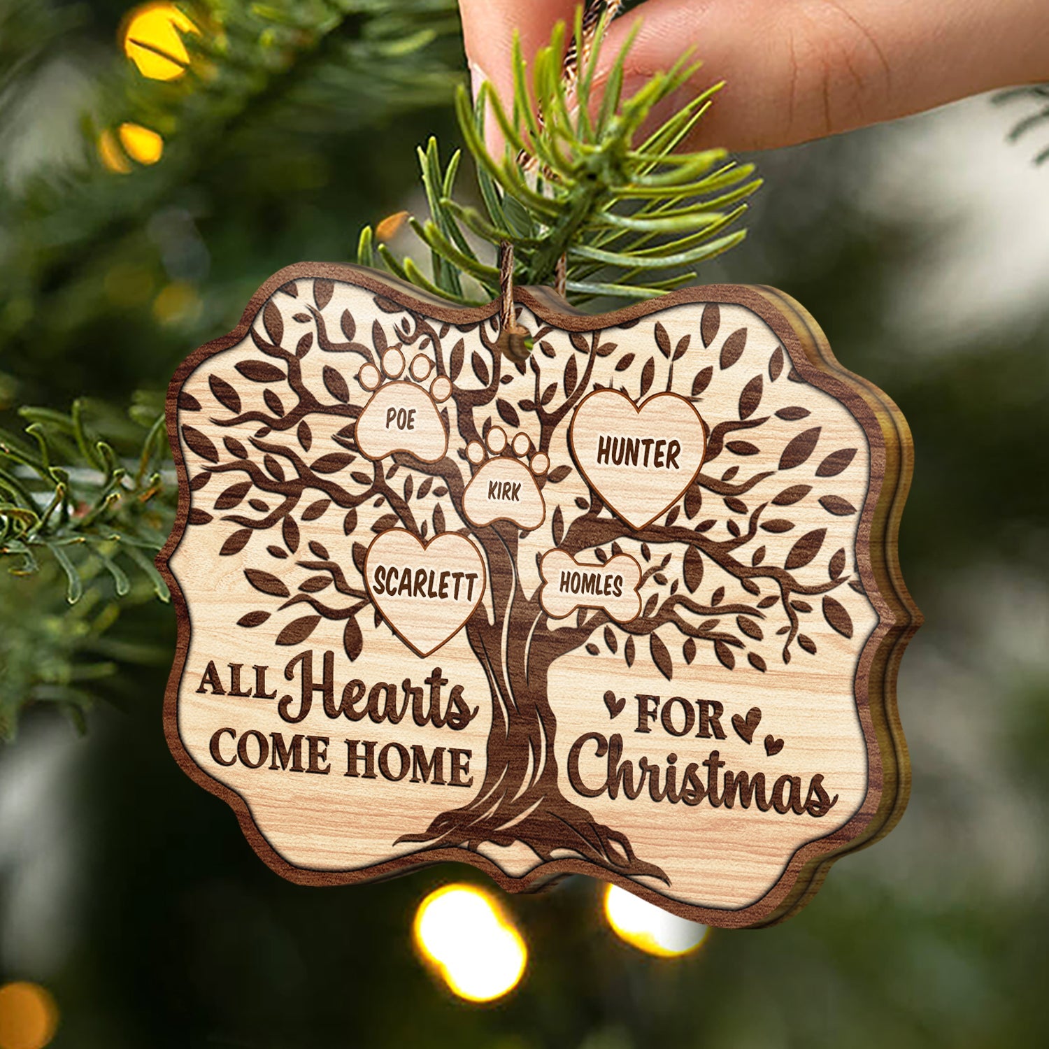 Christmas Family Tree All Hearts Come Home For Christmas - Memorial Gift For Family - Personalized Custom Wooden Ornament ORNA1210