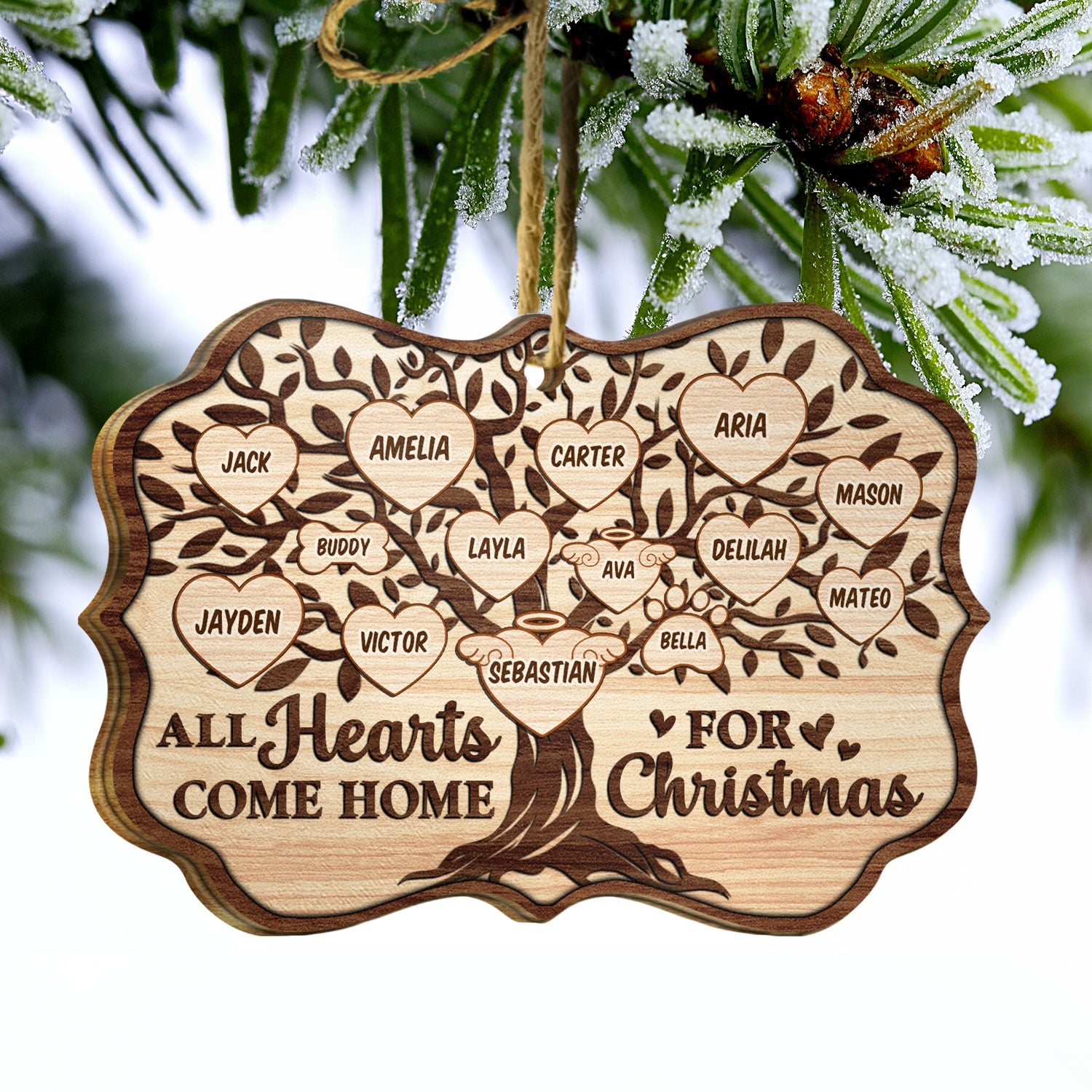 Christmas Family Tree All Hearts Come Home For Christmas - Memorial Gift For Family - Personalized Custom Wooden Ornament ORNA1210