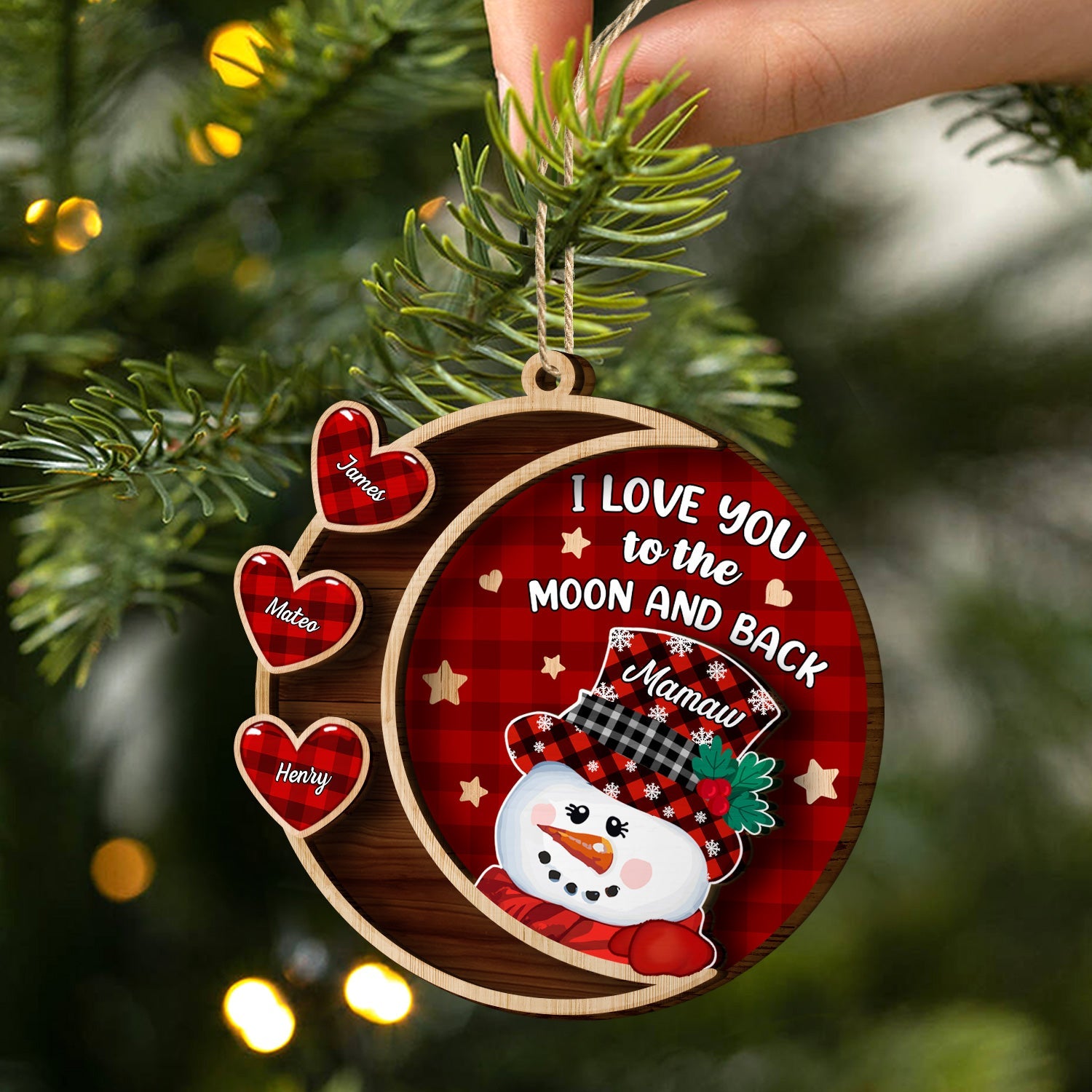 Love You To The Moon And Back Snowman - Christmas, Loving Gift For Grandpa, Grandma, Grandparents - Personalized 2-Layered Wooden Ornament ORNA1210