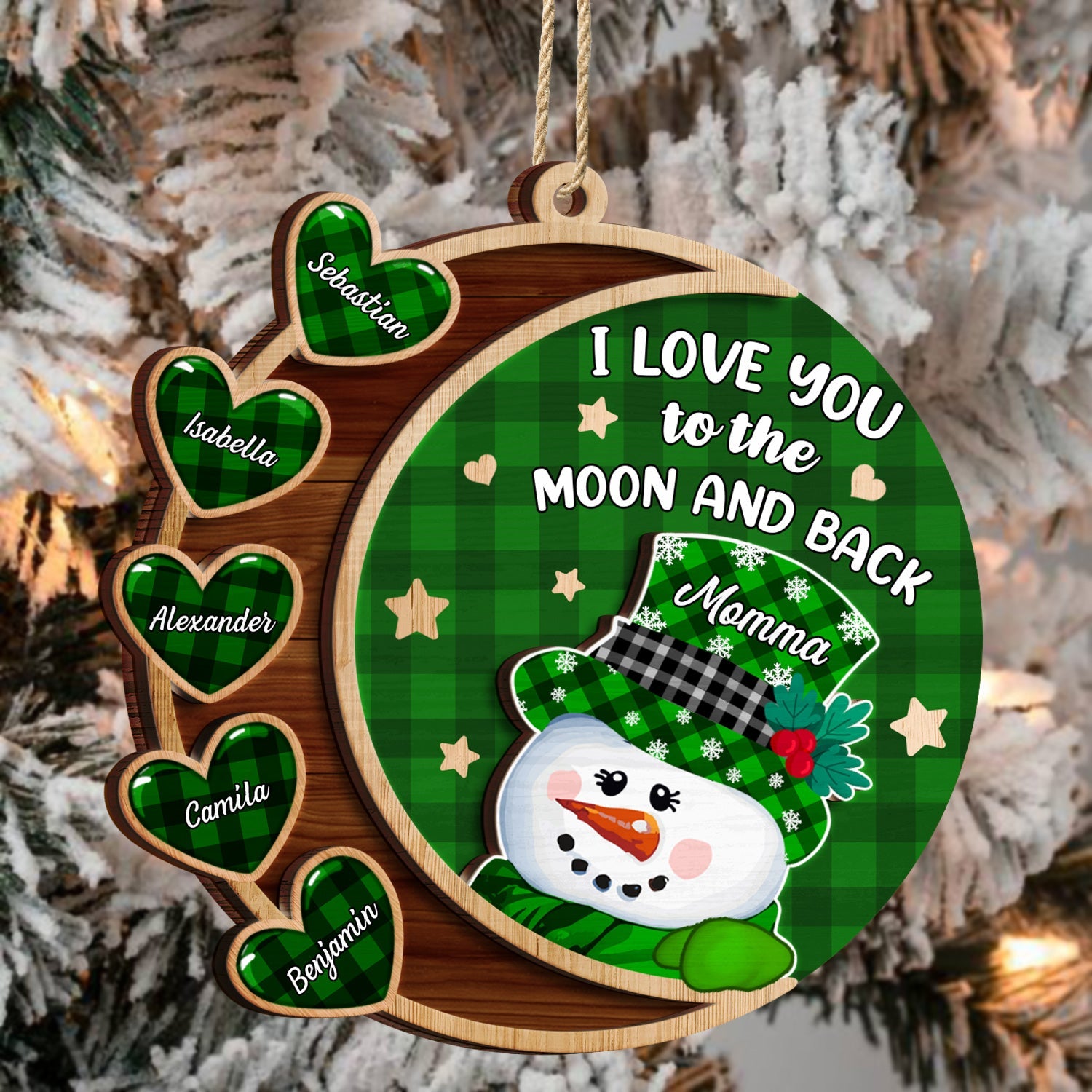 Love You To The Moon And Back Snowman - Christmas, Loving Gift For Grandpa, Grandma, Grandparents - Personalized 2-Layered Wooden Ornament ORNA1210