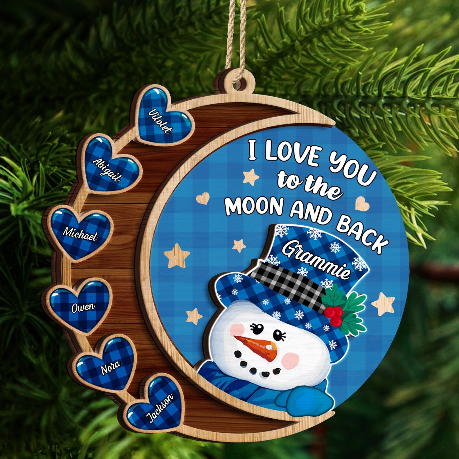 Love You To The Moon And Back Snowman - Christmas, Loving Gift For Grandpa, Grandma, Grandparents - Personalized 2-Layered Wooden Ornament ORNA1210