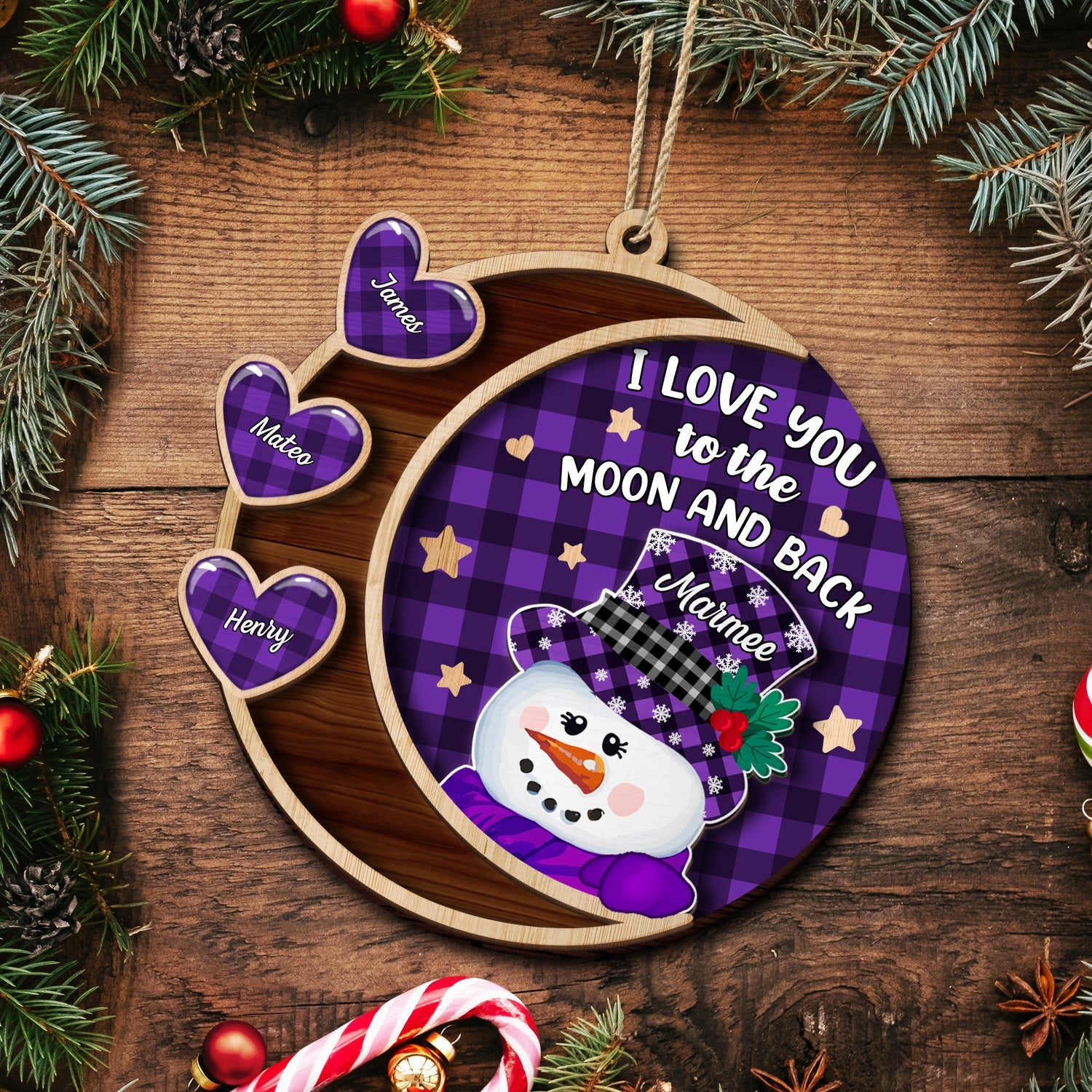 Love You To The Moon And Back Snowman - Christmas, Loving Gift For Grandpa, Grandma, Grandparents - Personalized 2-Layered Wooden Ornament ORNA1210