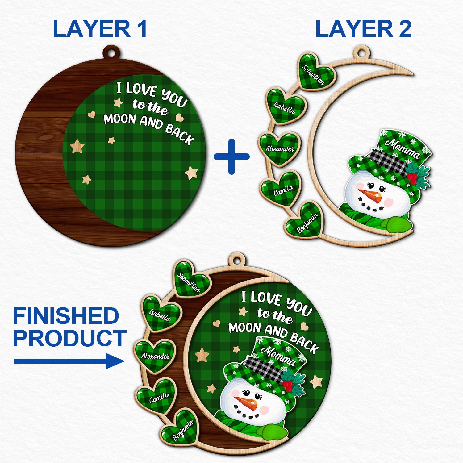 Love You To The Moon And Back Snowman - Christmas, Loving Gift For Grandpa, Grandma, Grandparents - Personalized 2-Layered Wooden Ornament ORNA1210