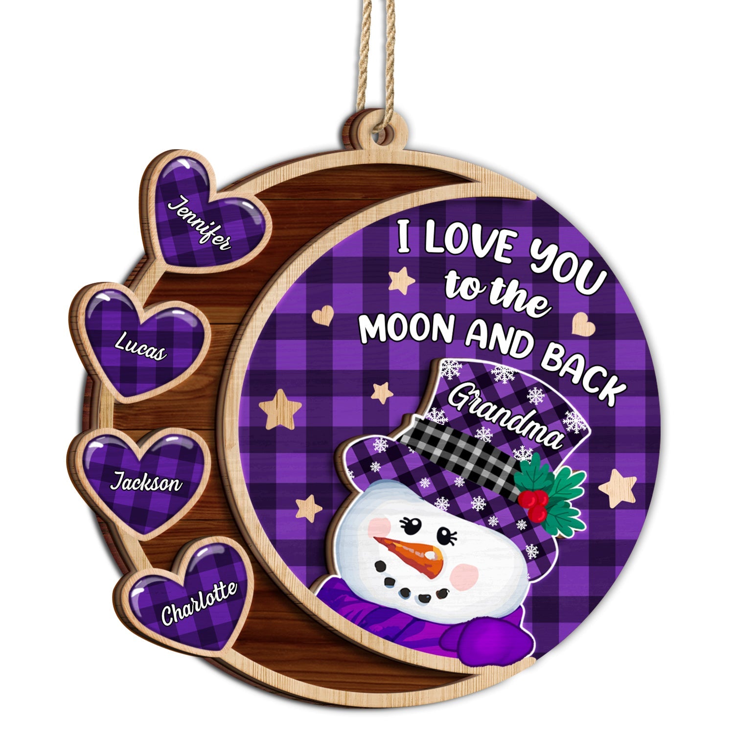 Love You To The Moon And Back Snowman - Christmas, Loving Gift For Grandpa, Grandma, Grandparents - Personalized 2-Layered Wooden Ornament ORNA1210
