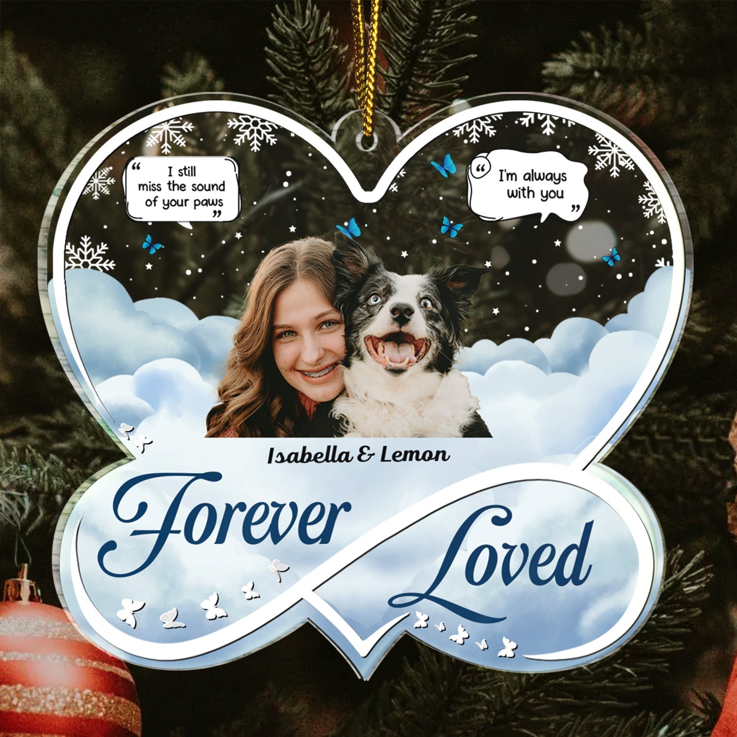 Custom Photo Forever Loved - Christmas Memorial Gift For Pet Lovers, Dog Mom, Dog Dad, Cat Mom, Cat Dad - Personalized Custom Shaped Acrylic Ornament ORNA1210