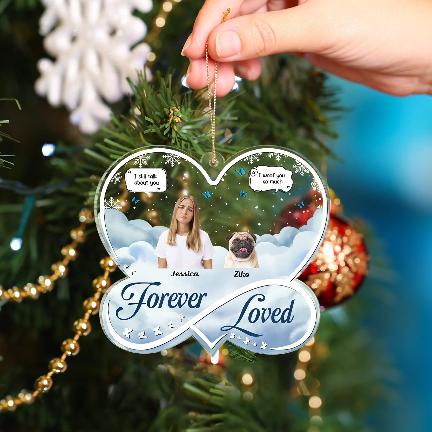Custom Photo Forever Loved - Christmas Memorial Gift For Pet Lovers, Dog Mom, Dog Dad, Cat Mom, Cat Dad - Personalized Custom Shaped Acrylic Ornament ORNA1210