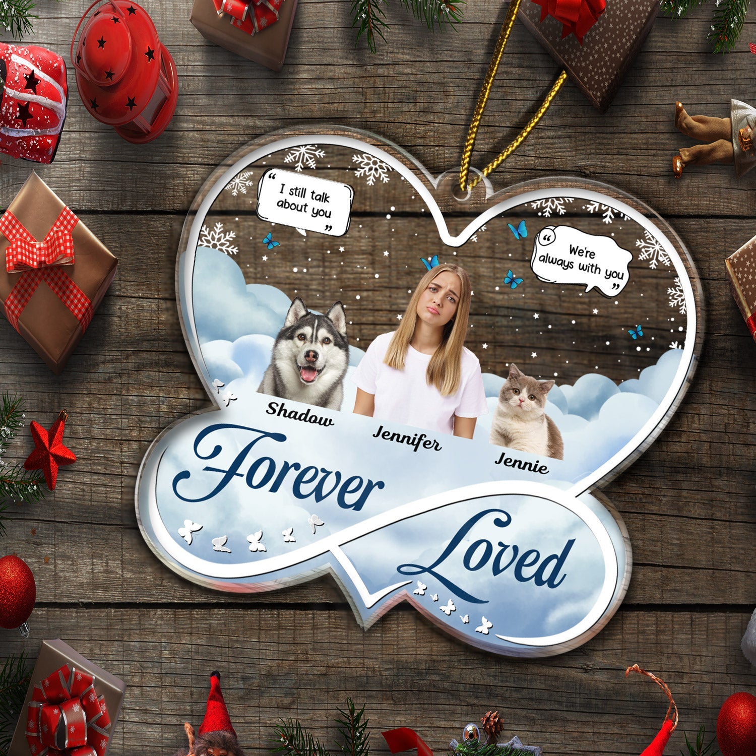 Custom Photo Forever Loved - Christmas Memorial Gift For Pet Lovers, Dog Mom, Dog Dad, Cat Mom, Cat Dad - Personalized Custom Shaped Acrylic Ornament ORNA1210