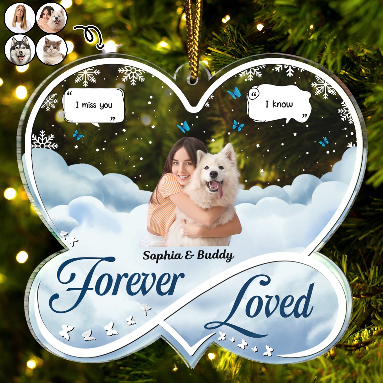 Custom Photo Forever Loved - Christmas Memorial Gift For Pet Lovers, Dog Mom, Dog Dad, Cat Mom, Cat Dad - Personalized Custom Shaped Acrylic Ornament ORNA1210