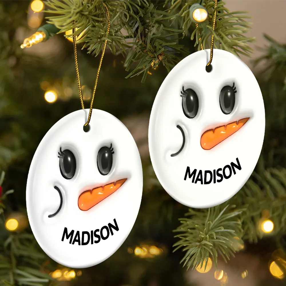 Cute Snowman Smile Name - 3D Inflated Effect Printed Personalized Combo Circle Ceramic Ornament Set ORNA1210