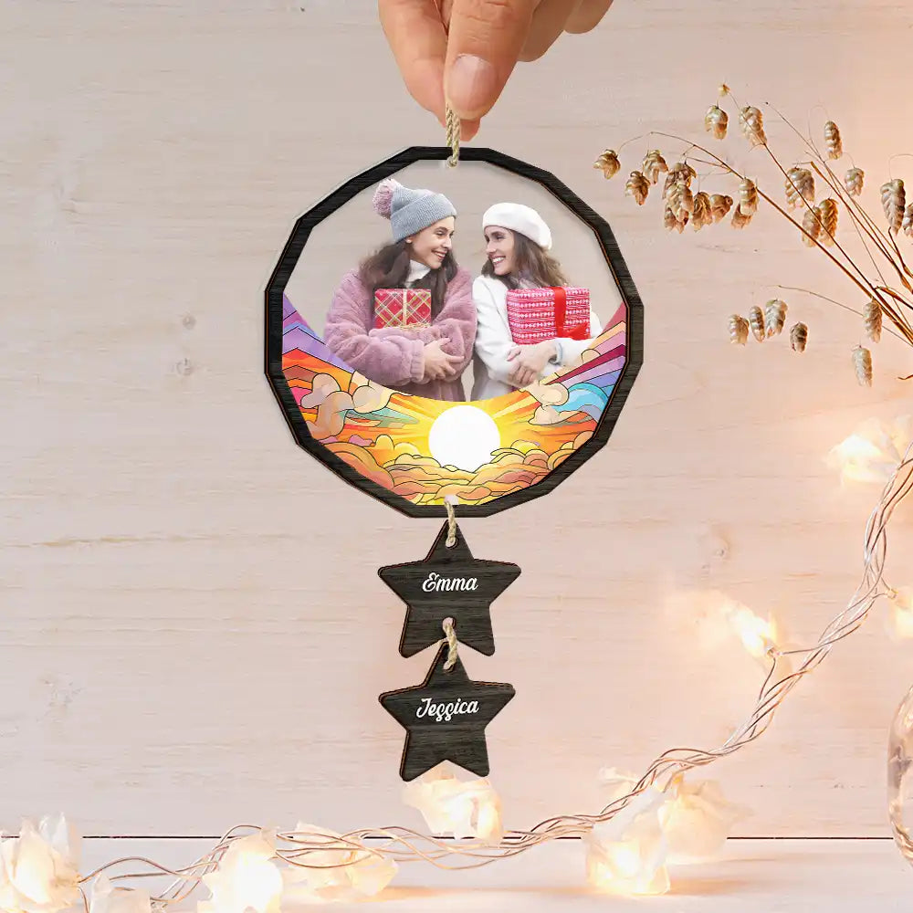 Custom Photo Besties Friends On The Moon - Personalized Mix Ornament With Wooden Tag ORNA1210