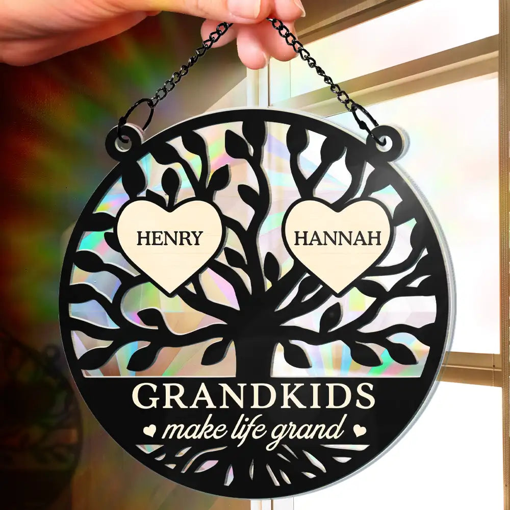 Tree Of Heart Grandkids Make Life Grand - Personalized Window Hanging Rainbow Suncatcher ORNA1210