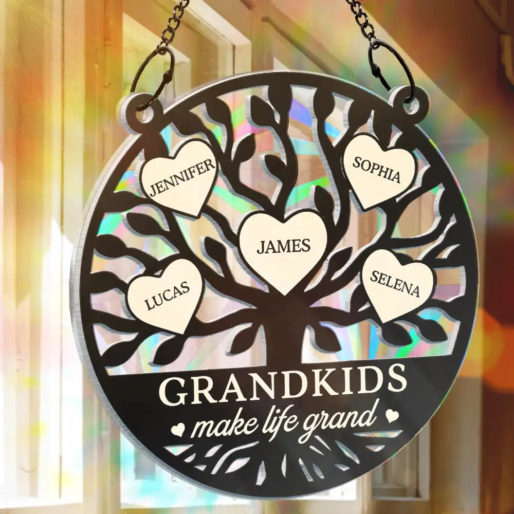 Tree Of Heart Grandkids Make Life Grand - Personalized Window Hanging Rainbow Suncatcher ORNA1210