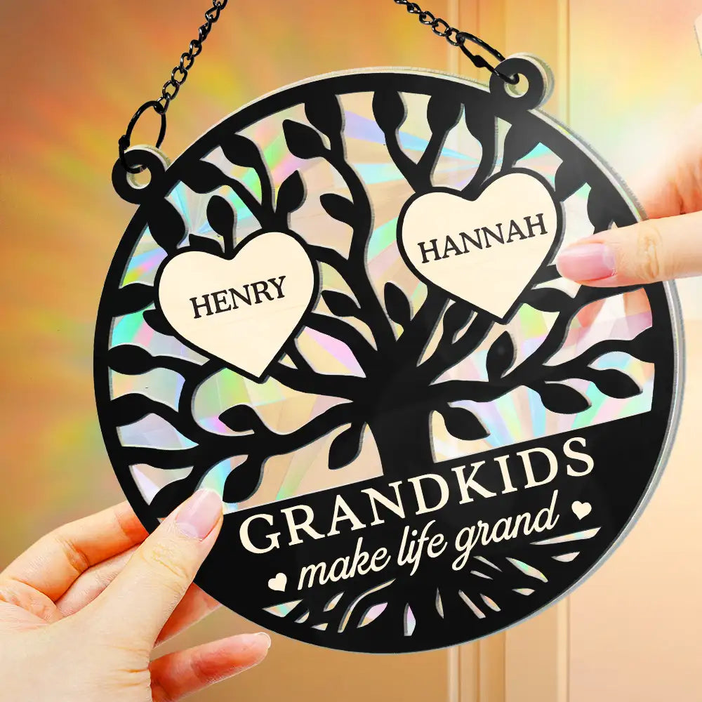 Tree Of Heart Grandkids Make Life Grand - Personalized Window Hanging Rainbow Suncatcher ORNA1210