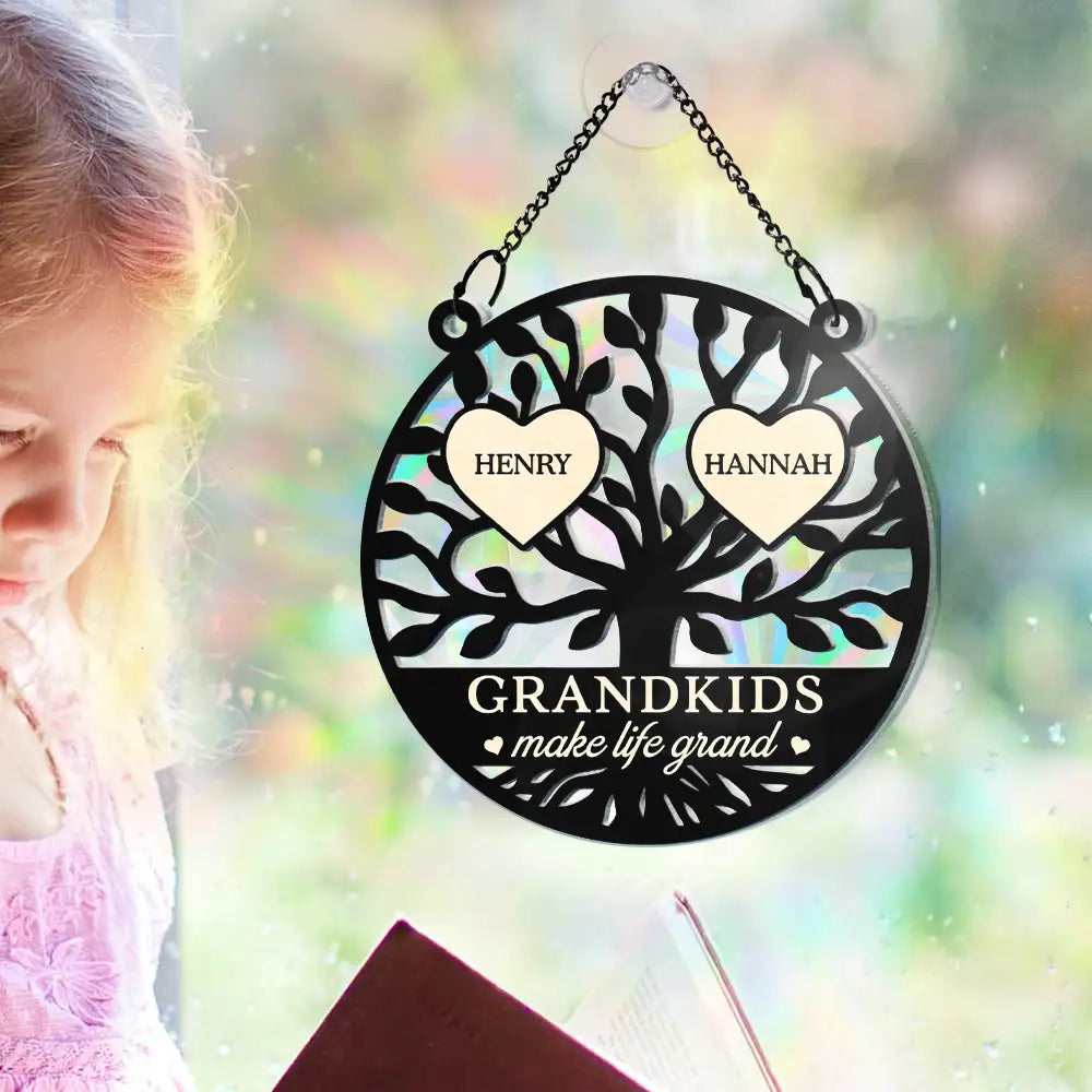 Tree Of Heart Grandkids Make Life Grand - Personalized Window Hanging Rainbow Suncatcher ORNA1210