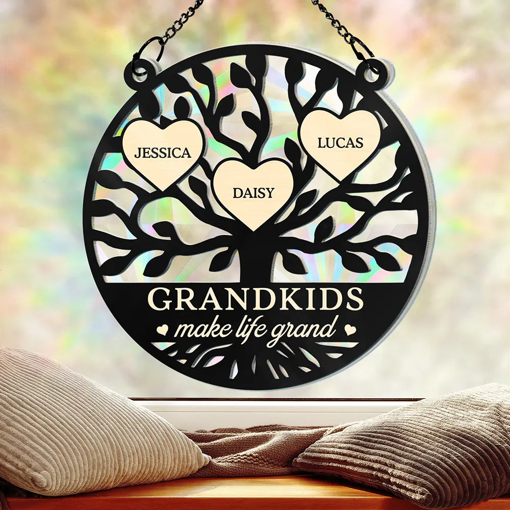 Tree Of Heart Grandkids Make Life Grand - Personalized Window Hanging Rainbow Suncatcher ORNA1210