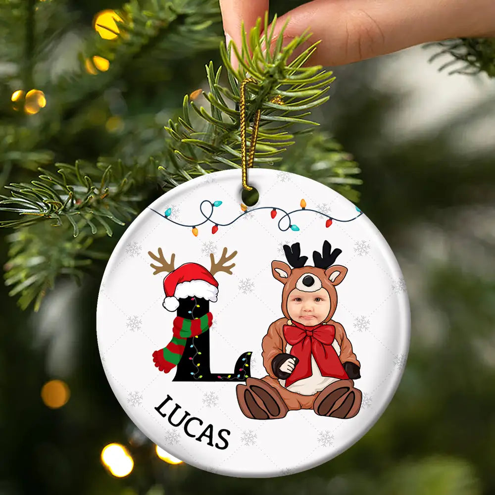 Custom Photo Baby Christmas Costumes Monogram - Personalized Circle Ceramic Ornament ORNA1210