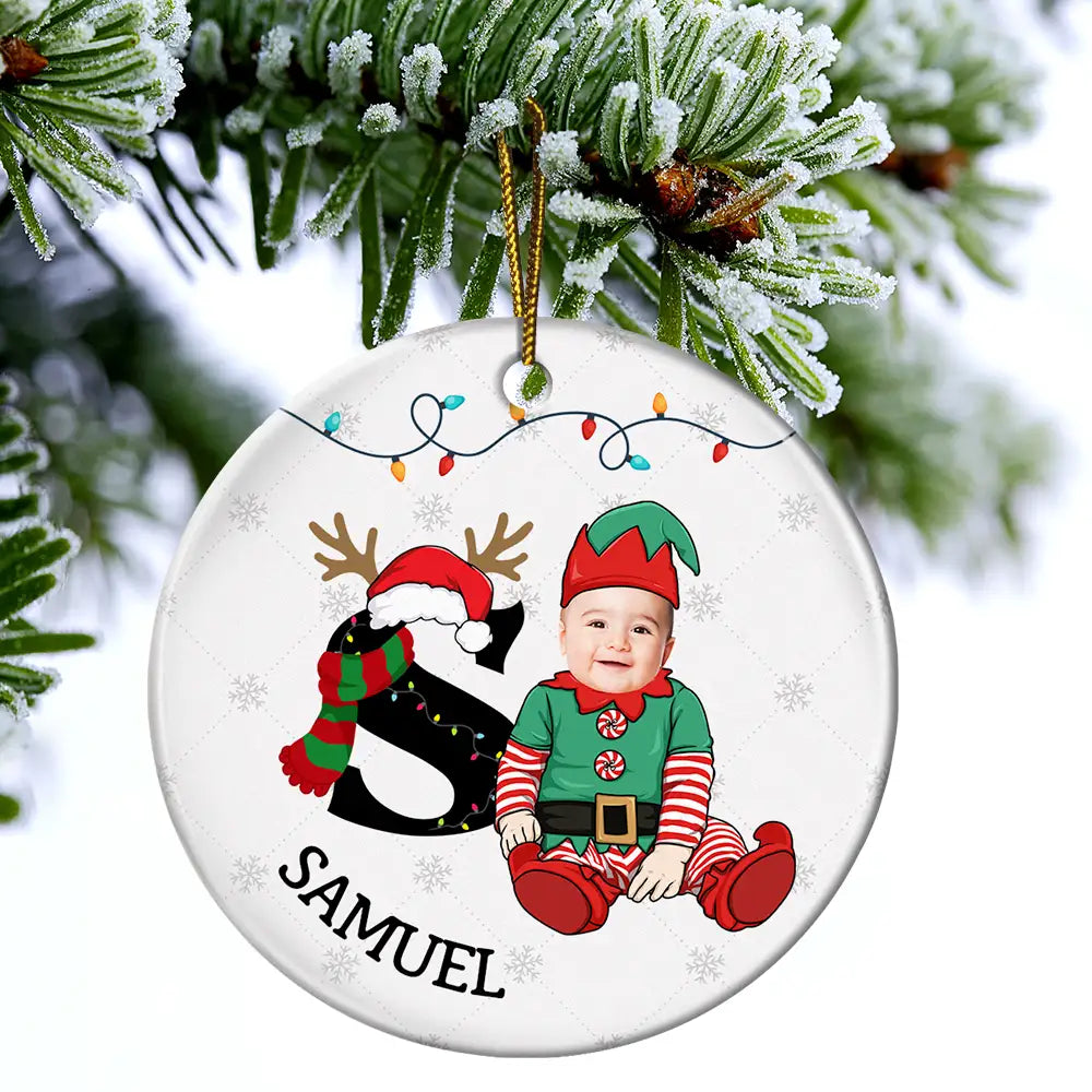 Custom Photo Baby Christmas Costumes Monogram - Personalized Circle Ceramic Ornament ORNA1210