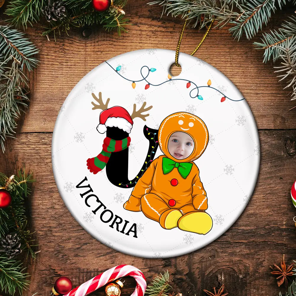Custom Photo Baby Christmas Costumes Monogram - Personalized Circle Ceramic Ornament ORNA1210