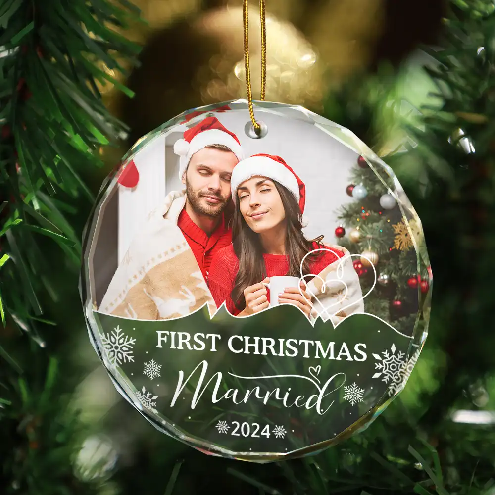 Custom Photo First Christmas As Husband And Wife - Personalized Circle Glass Ornament ORNA1210