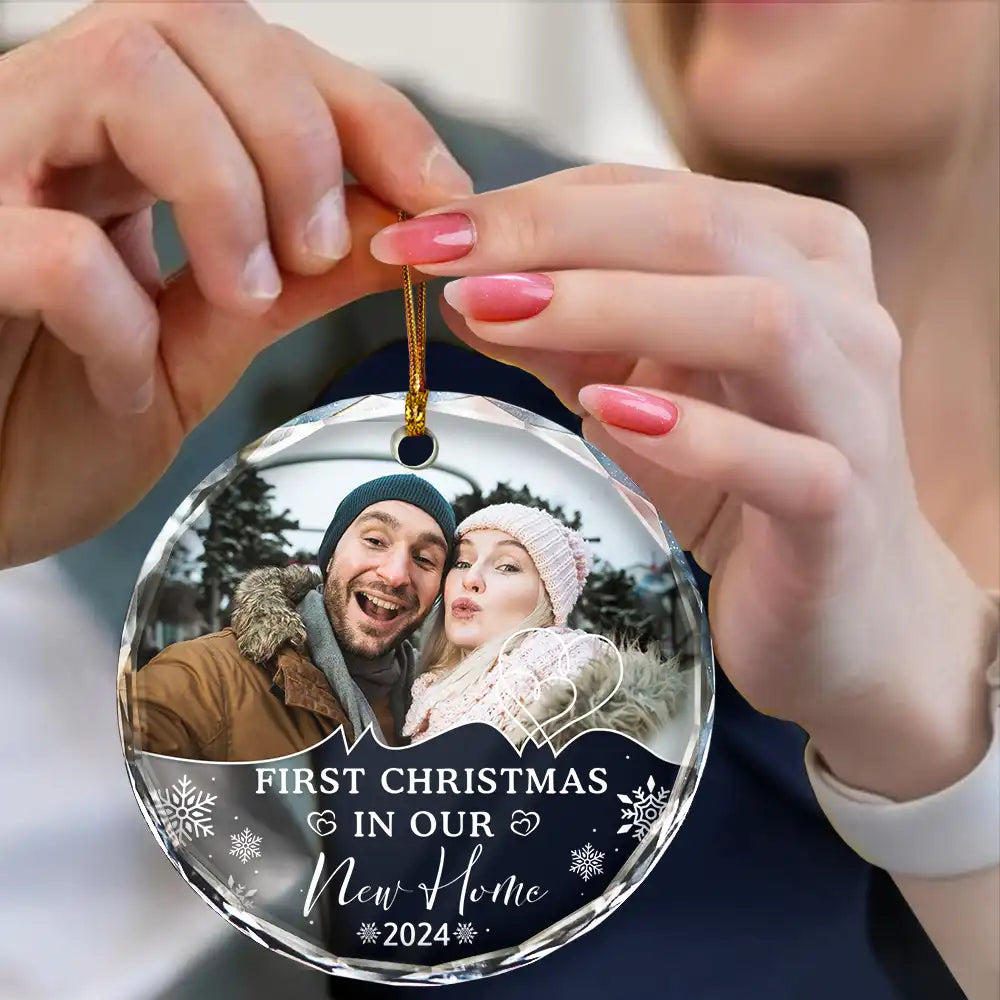 Custom Photo First Christmas As Husband And Wife - Personalized Circle Glass Ornament ORNA1210