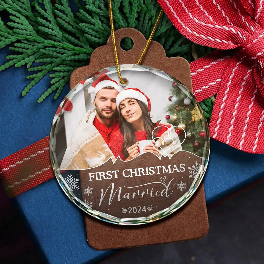 Custom Photo First Christmas As Husband And Wife - Personalized Circle Glass Ornament ORNA1210