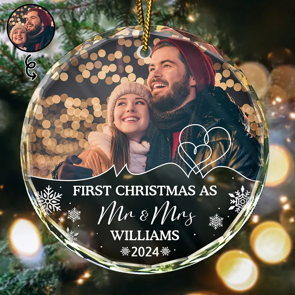 Custom Photo First Christmas As Husband And Wife - Personalized Circle Glass Ornament ORNA1210