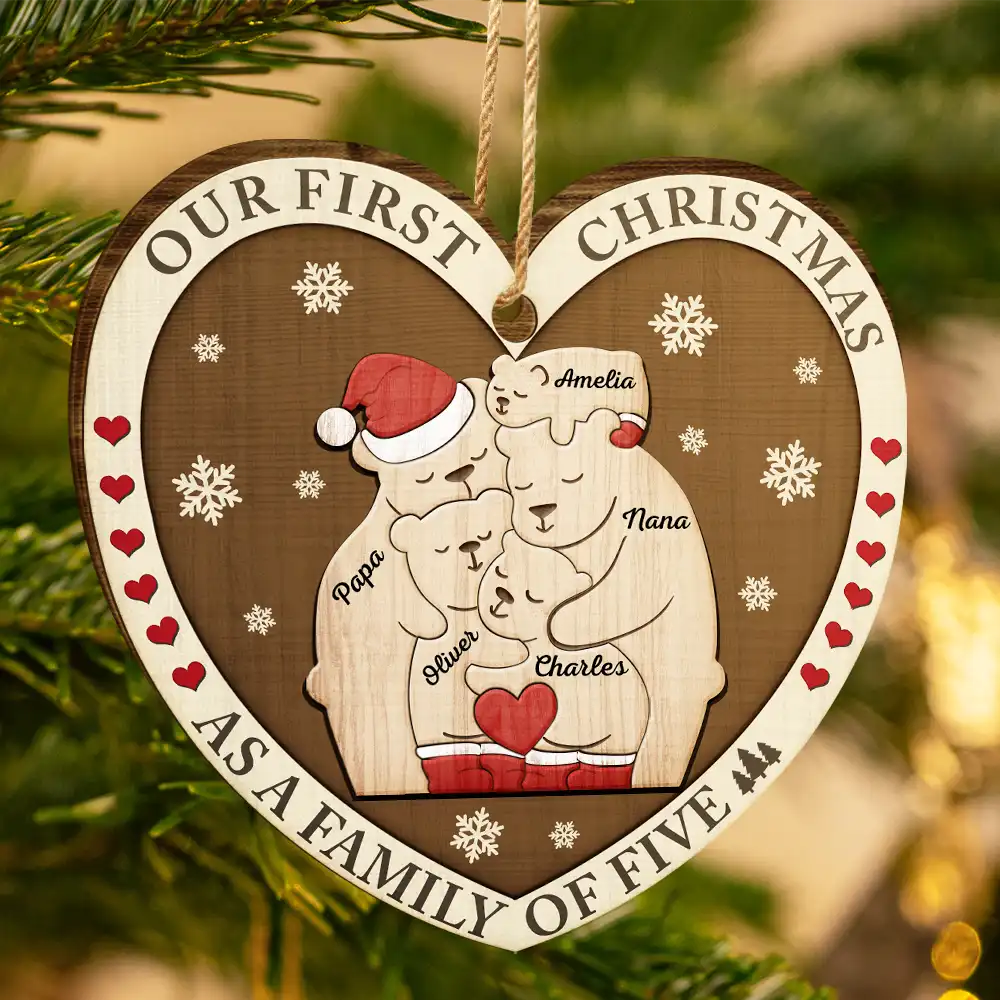 First Christmas As A Family Of Three Bears - Personalized Custom Shaped Wooden Ornament ORNA1210