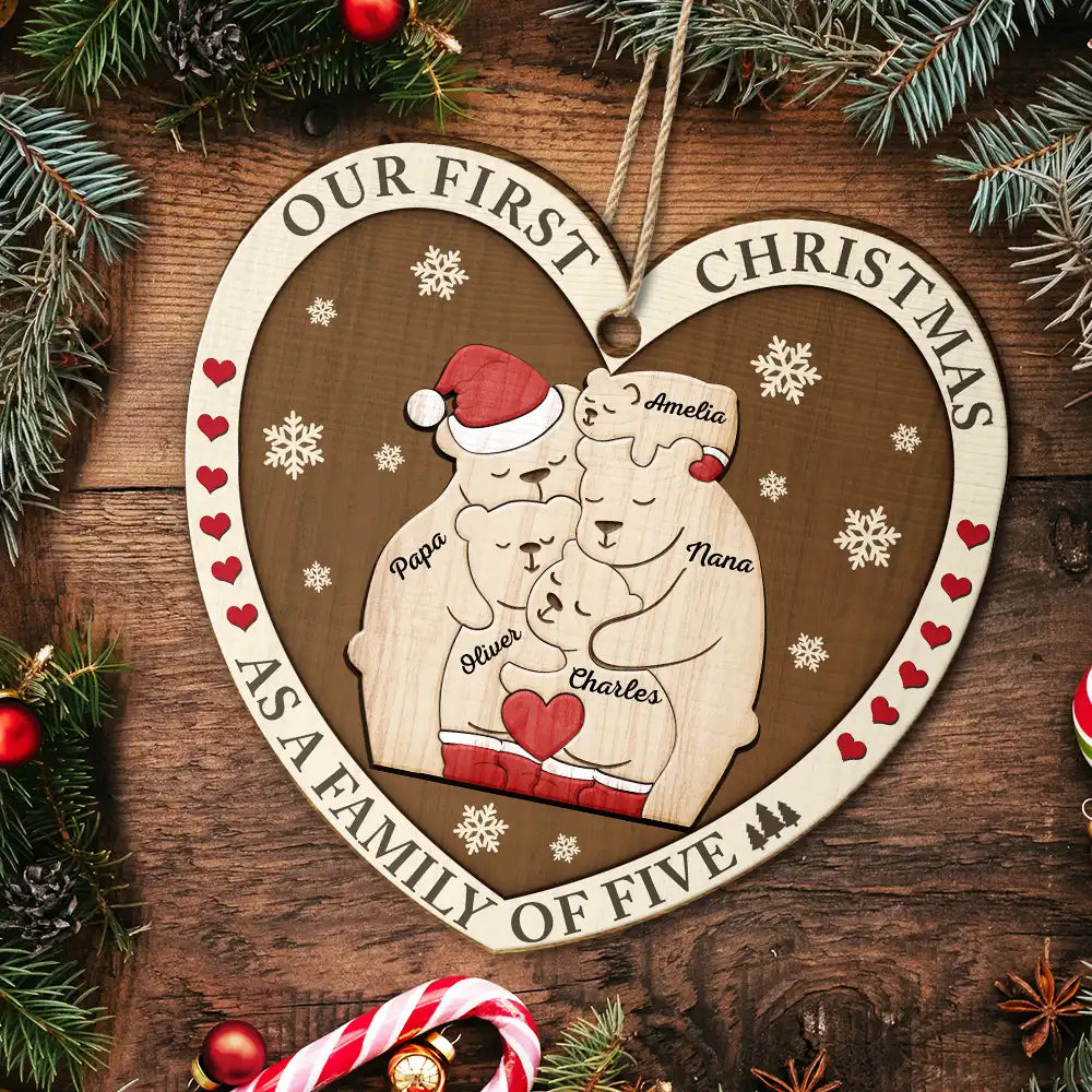 First Christmas As A Family Of Three Bears - Personalized Custom Shaped Wooden Ornament ORNA1210