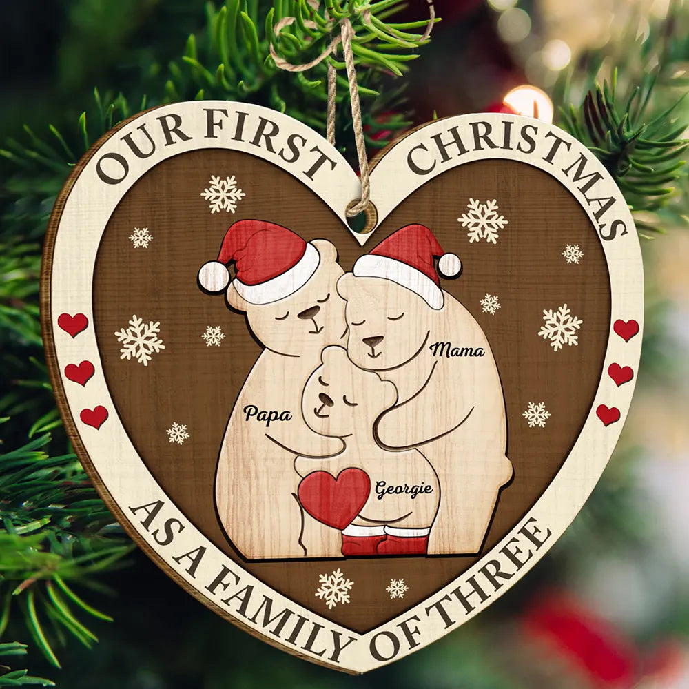 First Christmas As A Family Of Three Bears - Personalized Custom Shaped Wooden Ornament ORNA1210