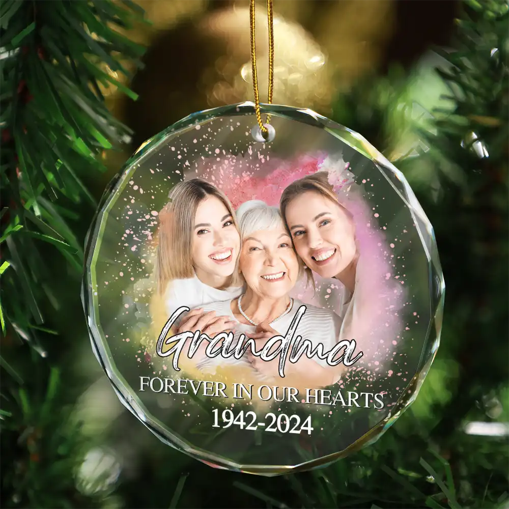 Custom Photo Memorial Forever Our My Hearts - Personalized Circle Glass Ornament ORNA1210