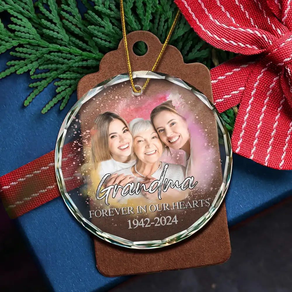 Custom Photo Memorial Forever Our My Hearts - Personalized Circle Glass Ornament ORNA1210
