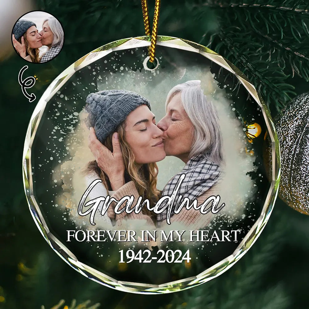 Custom Photo Memorial Forever Our My Hearts - Personalized Circle Glass Ornament ORNA1210
