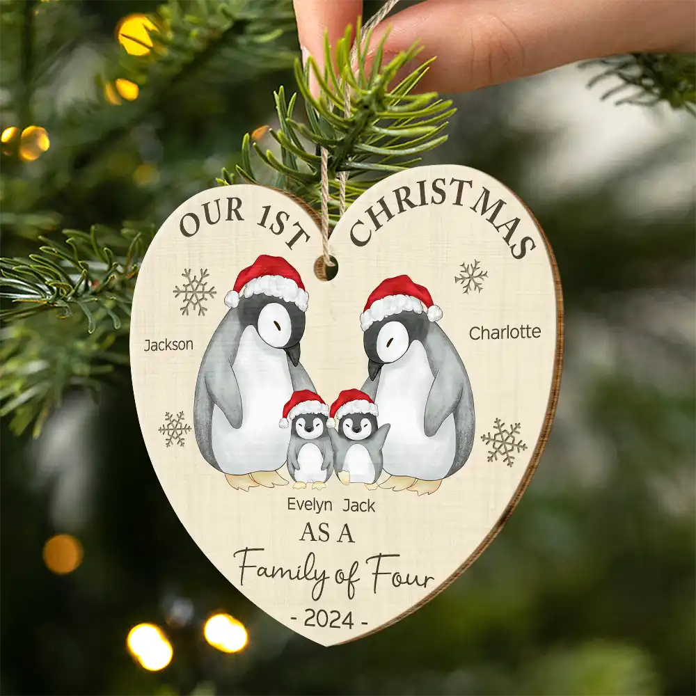 First Christmas As A Family Of Three Penguin - Personalized Custom Shaped Wooden Ornament ORNA1210