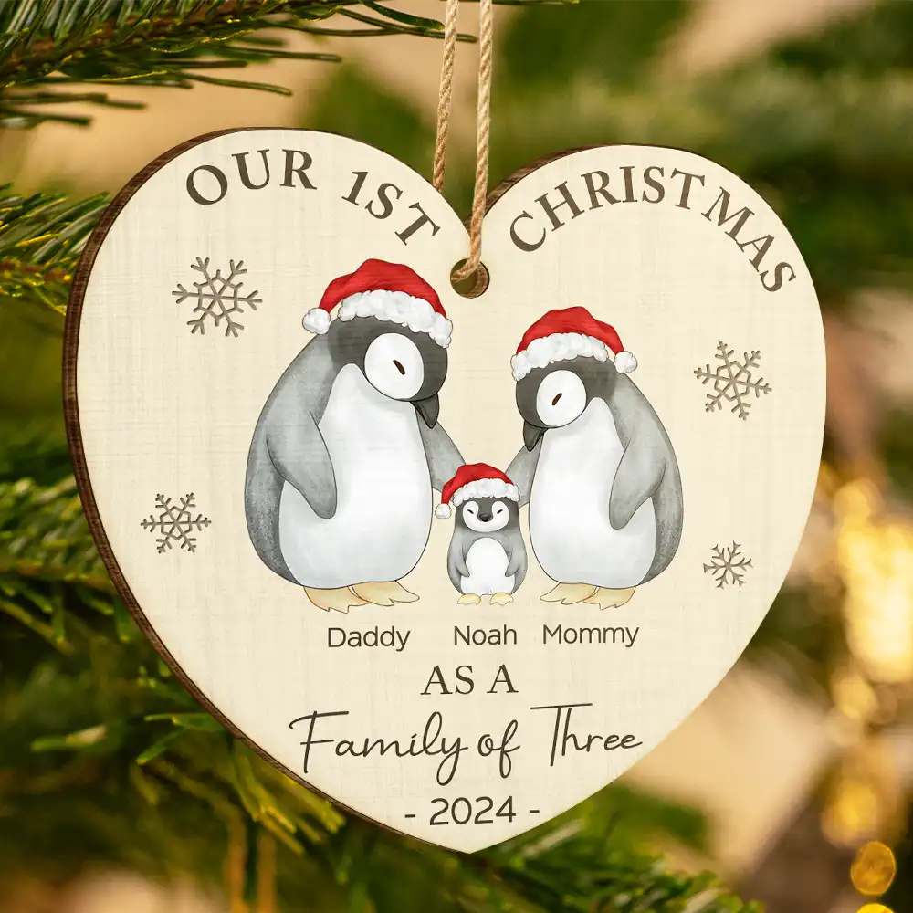 First Christmas As A Family Of Three Penguin - Personalized Custom Shaped Wooden Ornament ORNA1210