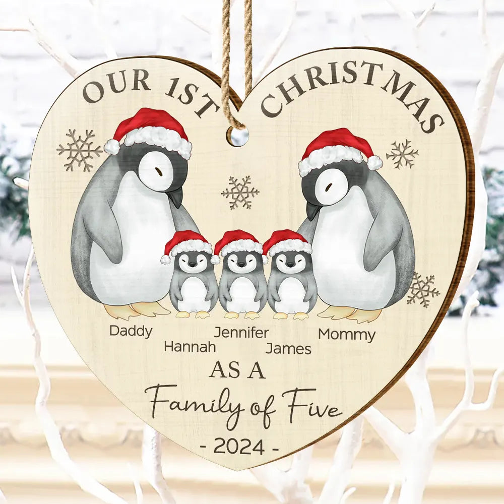First Christmas As A Family Of Three Penguin - Personalized Custom Shaped Wooden Ornament ORNA1210