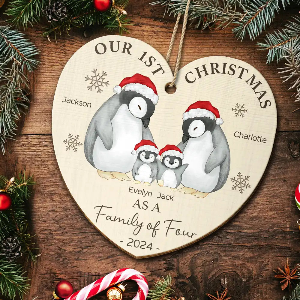 First Christmas As A Family Of Three Penguin - Personalized Custom Shaped Wooden Ornament ORNA1210